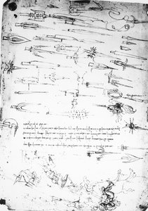 戦闘中の歩兵と騎手、およびハルバードの研究シート、1485-1488 作： Leonardo da Vinci